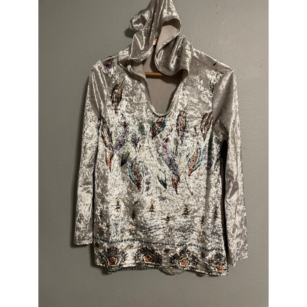 Vocal USA Womens Top Medium Silver Velvet Mixed Media Hooded Fairy Grunge Boho